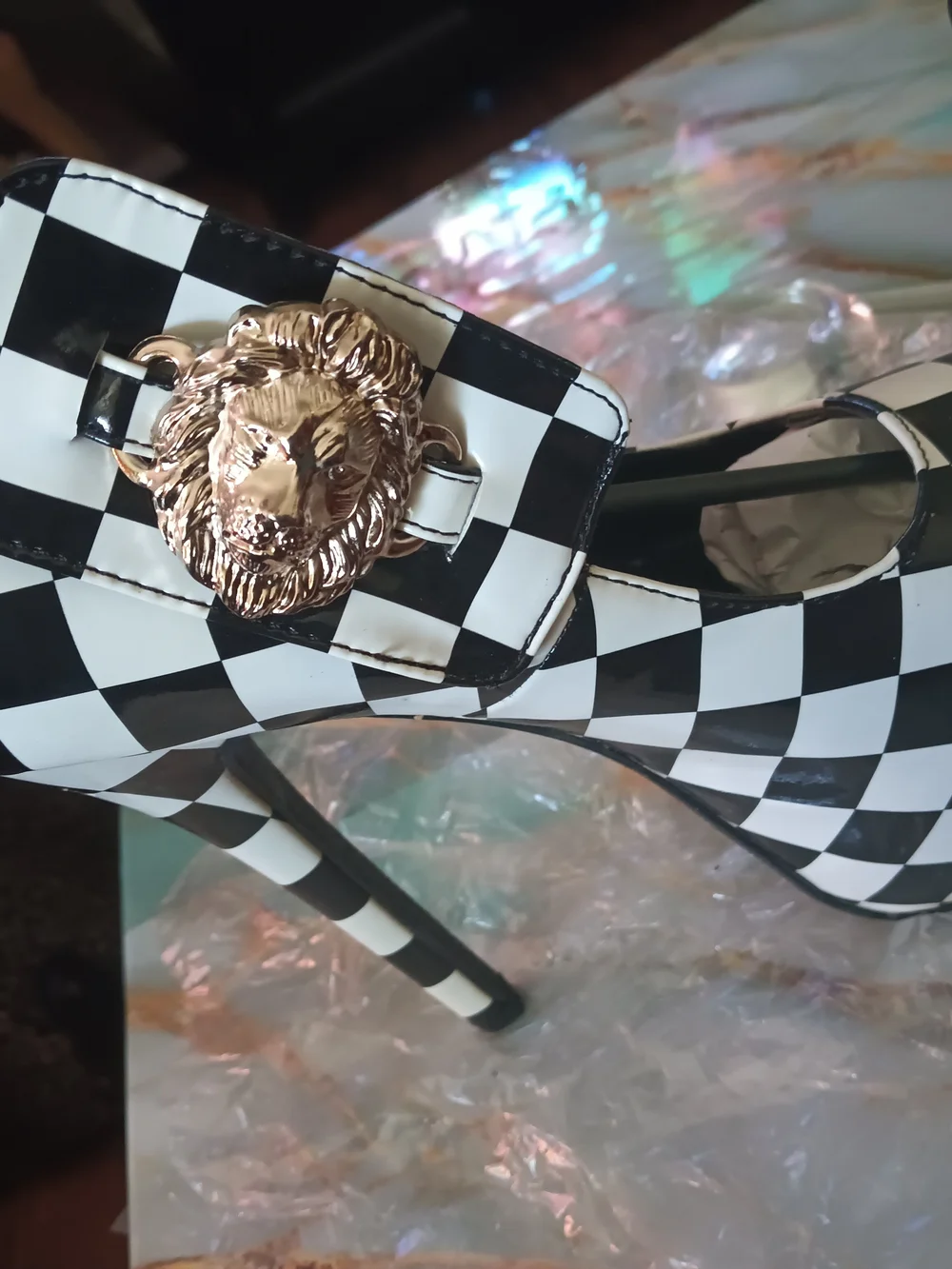Checkerboard Black and White Stiletto Heels with Gold Lion Accent